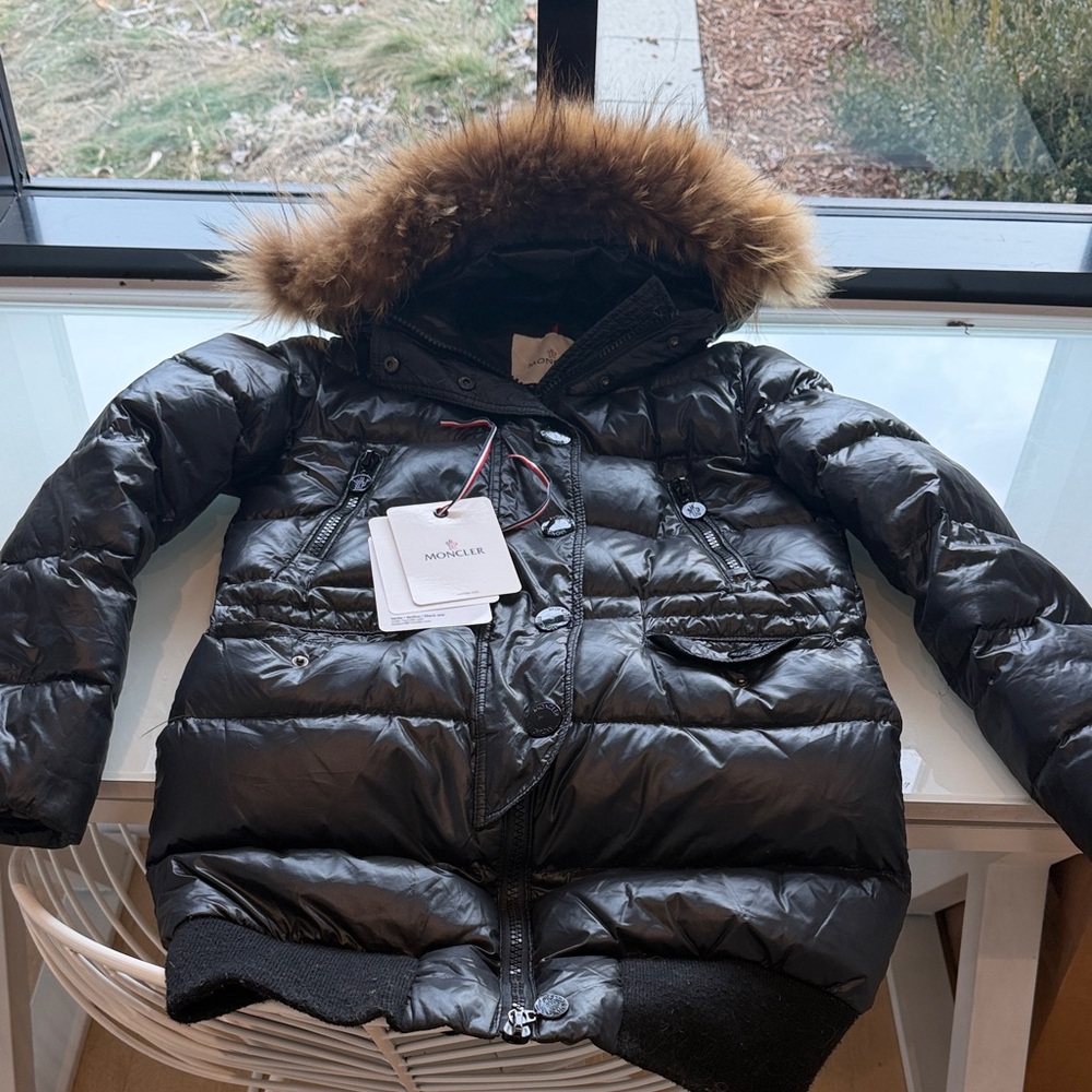 Moncler Womens Shiny Black Puffer Coat with Fur Trim - stretchy wrap around
